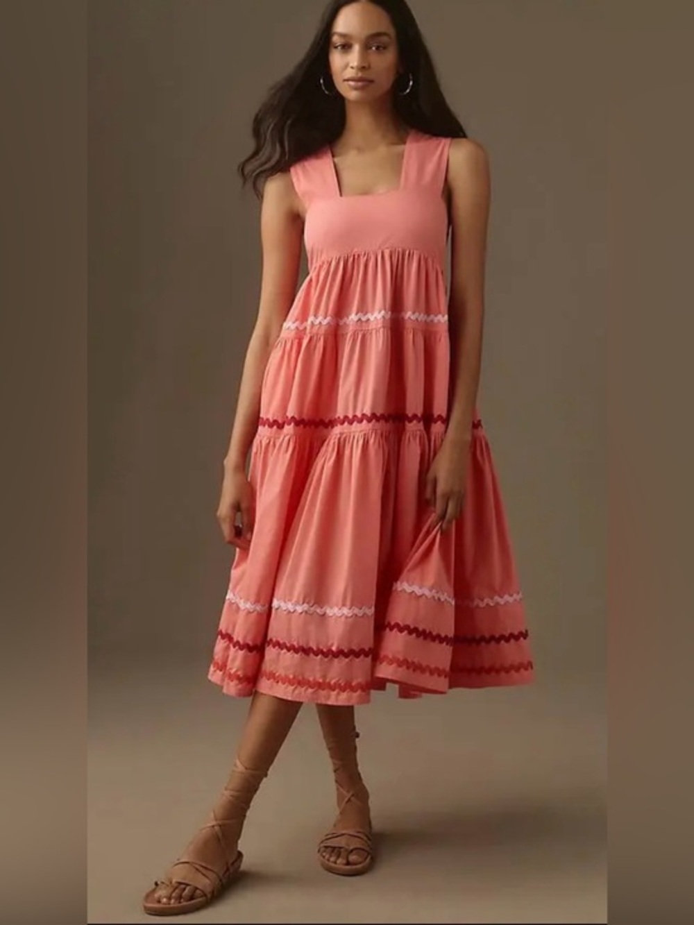 Anthropologie The Helena Square-Neck Tiered Midi Dress: Smocked Scallop Sz: M